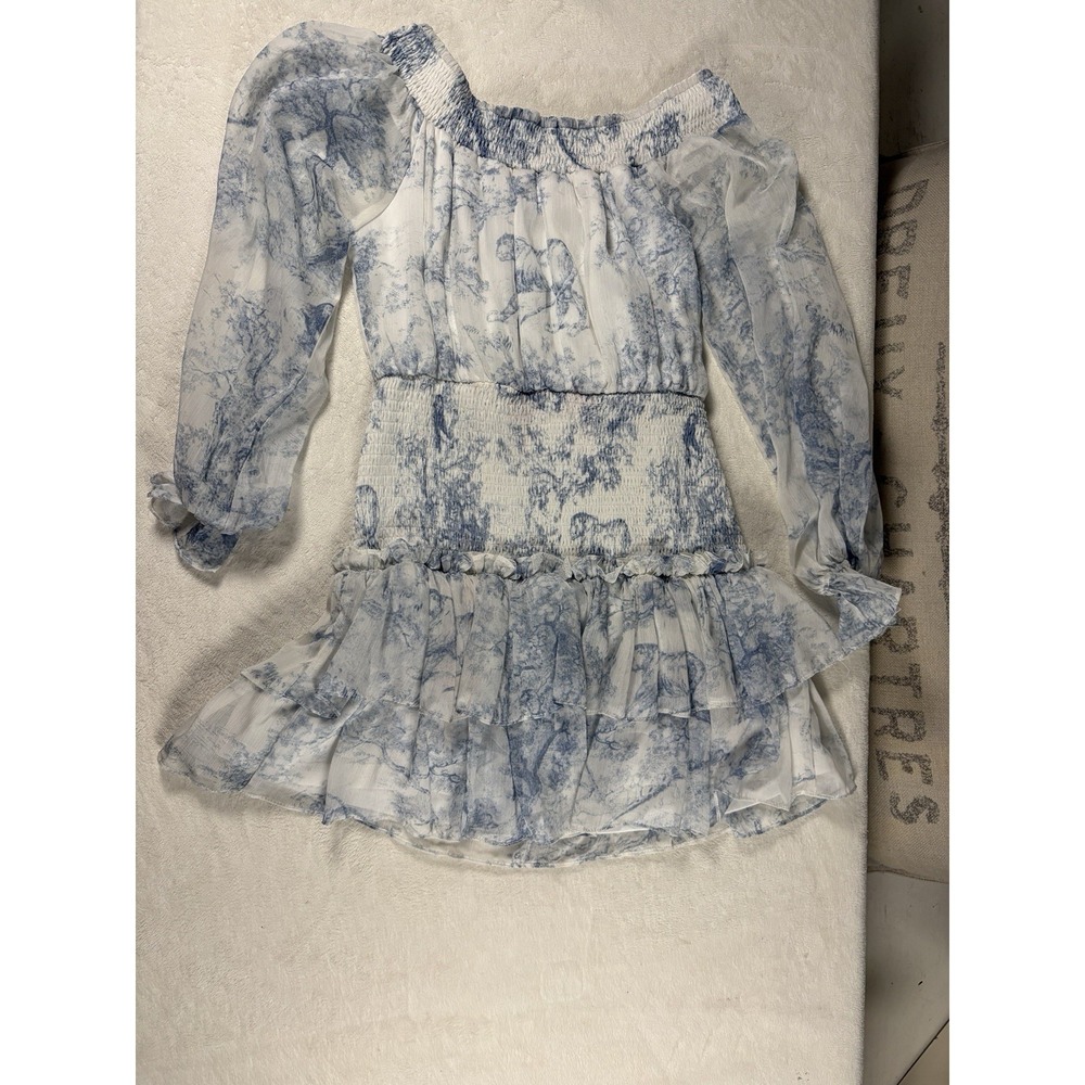 TCEC Coastal Charm Blue Toile de Jouy Smocked Mini Dress Medium